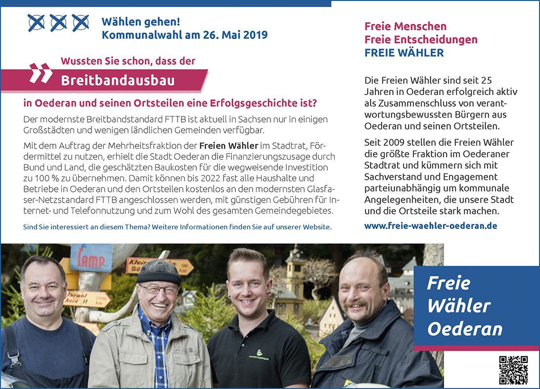 Freie Wähler Oederan, Kommunalwahl 2019, Stadtrat Oederan, Sachsen, Mittelsachsen, Kirchbach, Görbersdorf, Schönerstadt, Börnichen, Frankenstein, Breitenau, Gahlenz, Memmendorf, Hartha, Wingendorf